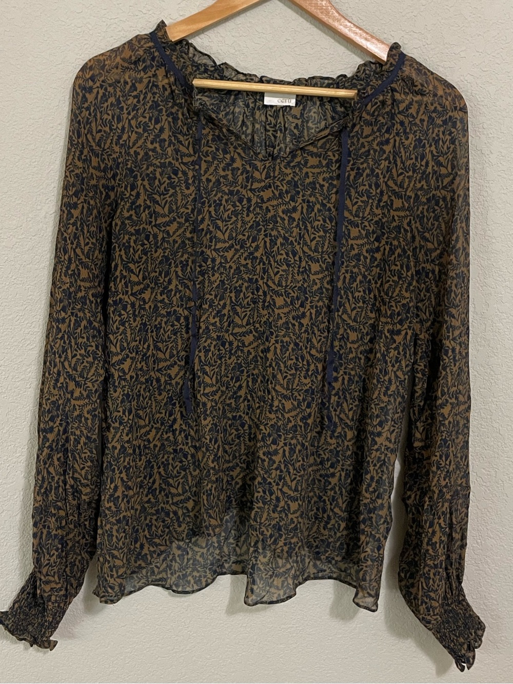 ecru Sheer Long-Sleeve Tie-Neck Blouse - Brown/Navy Cottagecore peasant boho